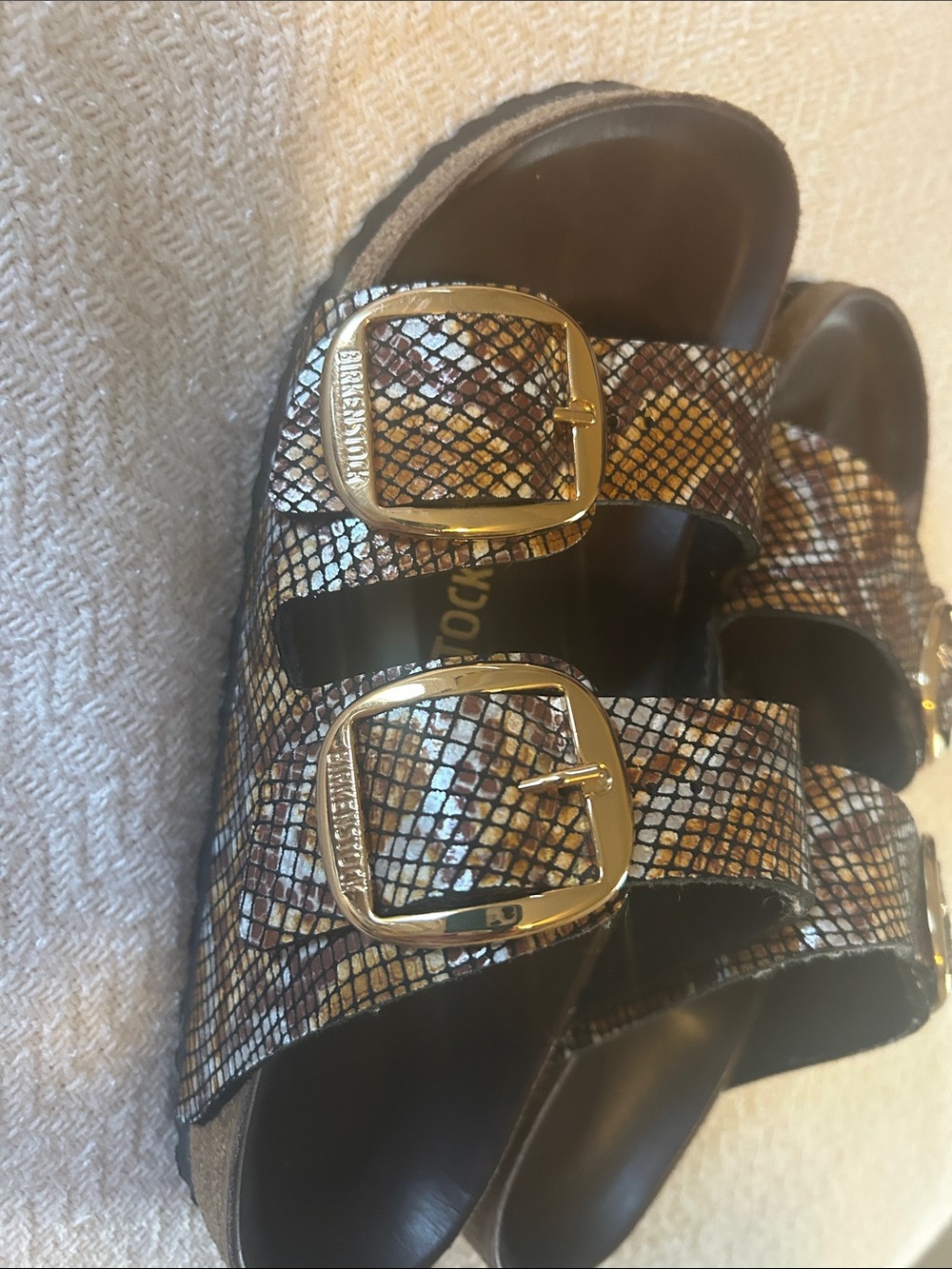 Birkenstock Arizona Snake-Print Sandals in Brown and Gold - Picture 9 of 10